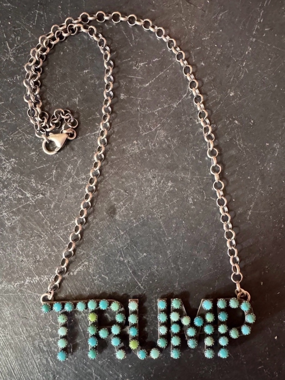 Native American Turquoise Sterling Silver Trump Nameplate Necklace Adjustable